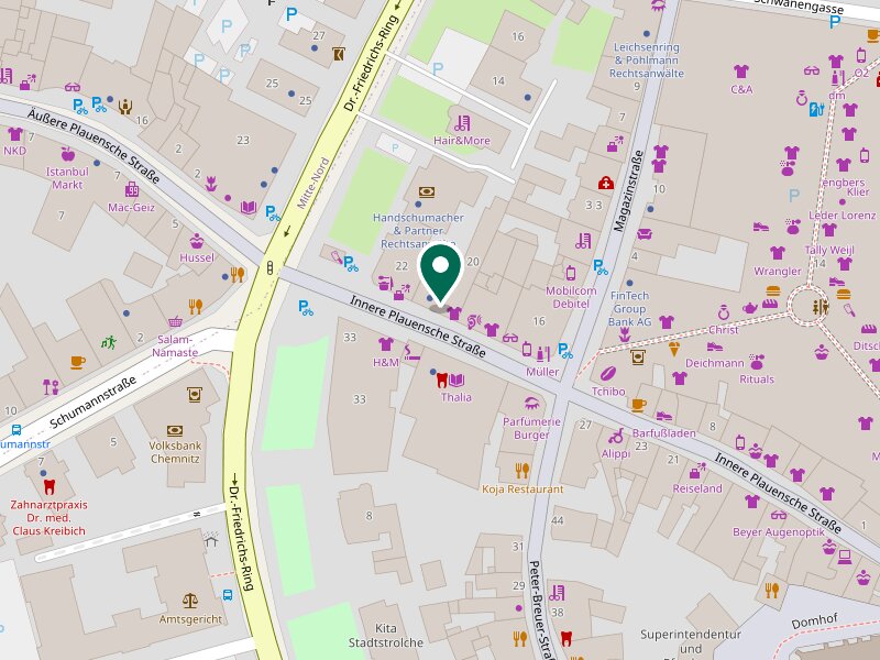 Stadtplan der Zwickauer Innenstadt mit Markierung von Foto Gärtner in der Inneren Plauenschen Straße 20